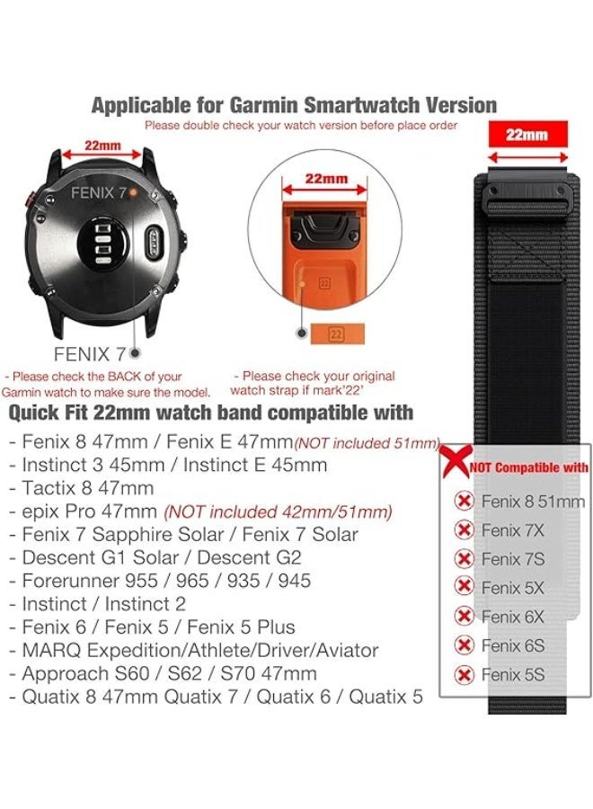 أحزمة ساعة من نايلون متين سريعة التركيب مقاس 22 ملم لساعات Garmin Fenix 7 / Fenix 6 / Fenix 5 / EPIX Pro مقاس 47 ملم، حزام معصم قابل للتعديل من نايلون شبكي قوي لساعات Forerunner 955/965 و MARQ - Image 3